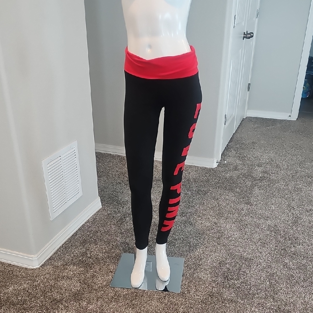 Women's Black Leggings with Red Waistband and Side Script